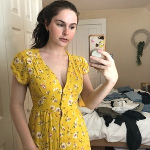 Yellow floral romantic midi dress